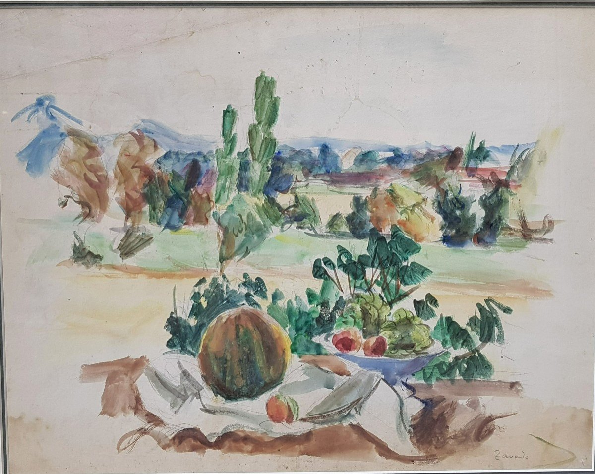 Zawado (1891-1982) Nature morte devant un paysage-photo-3