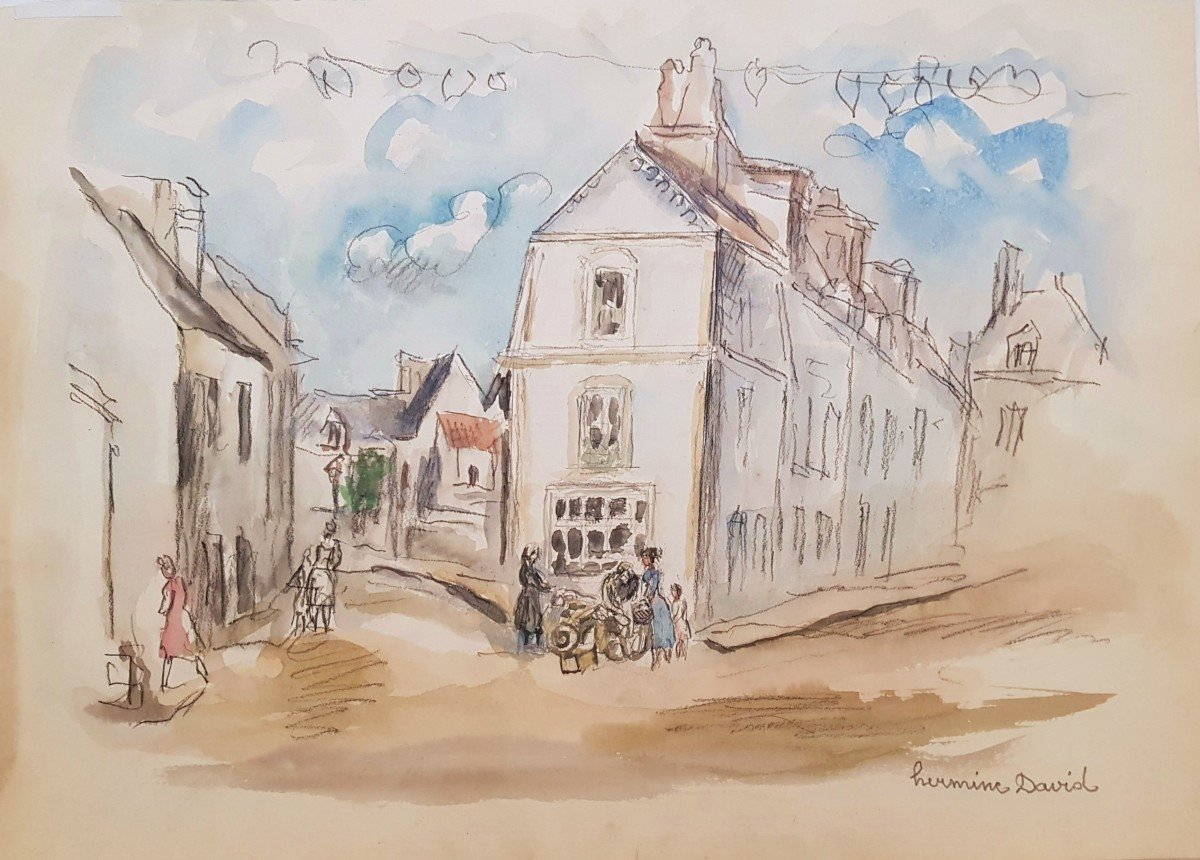 Hermine David (1886-1970) Rue animée à  Saint Vaast la Hougue