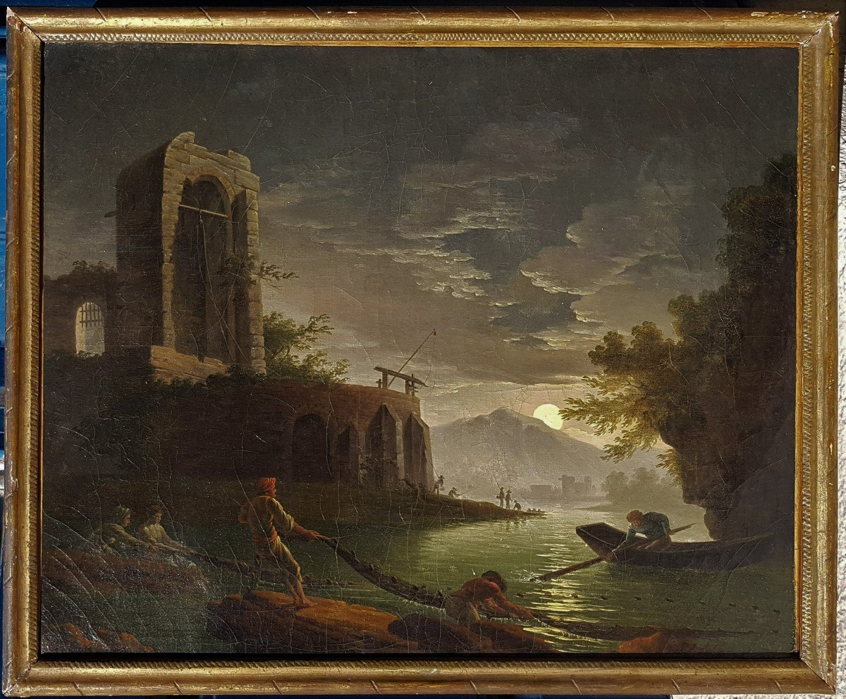 Fishermen In The Moonlight Attributed To Charles François Lacroix Of Marseille (1700-1782)-photo-2