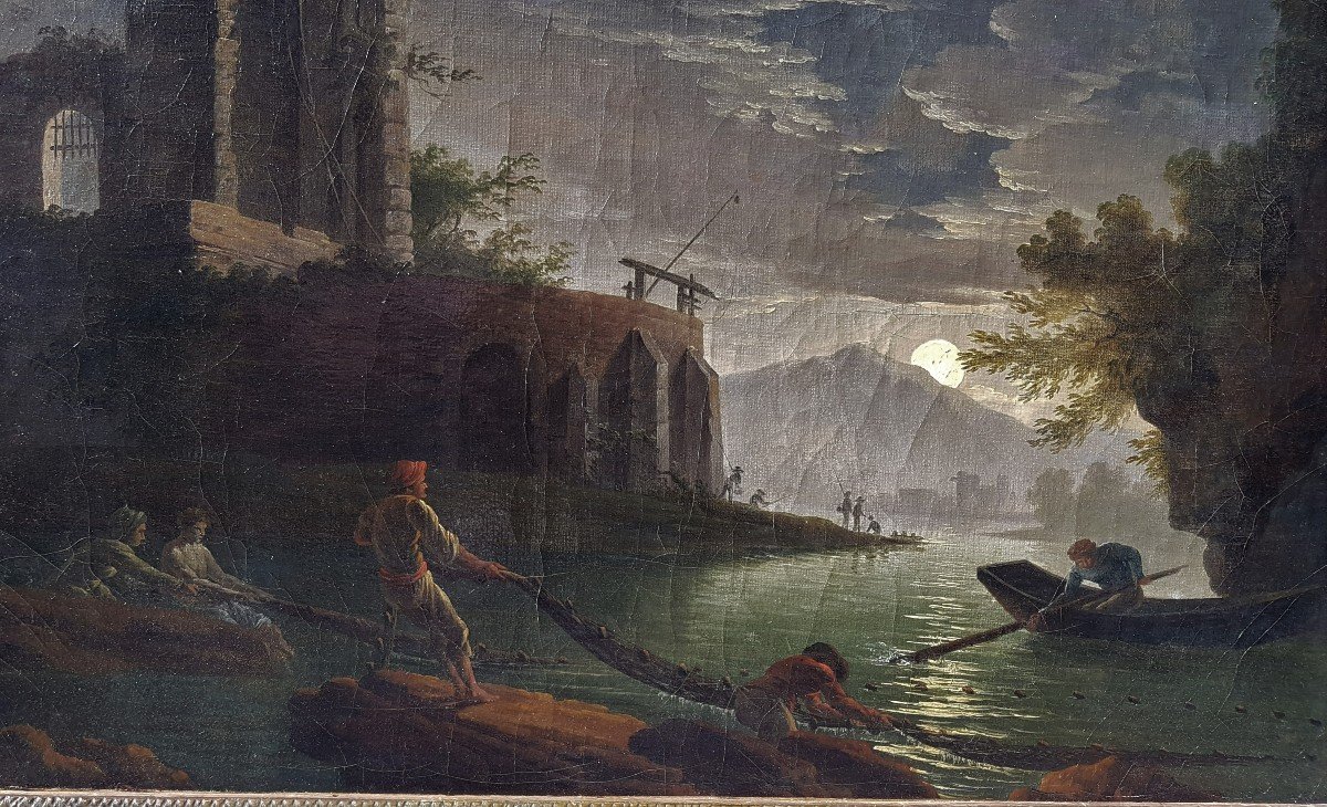 Fishermen In The Moonlight Attributed To Charles François Lacroix Of Marseille (1700-1782)-photo-1