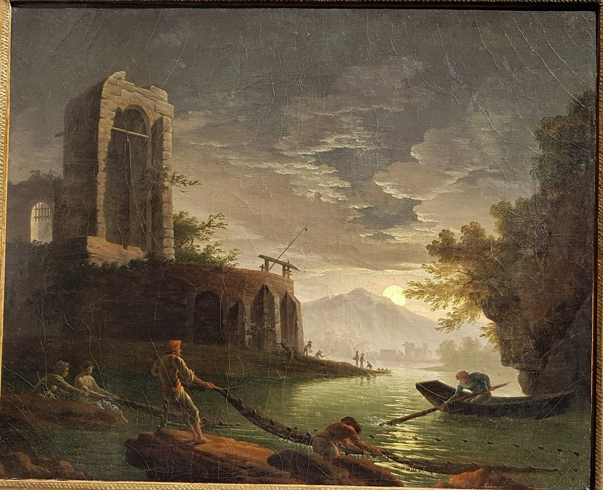Fishermen In The Moonlight Attributed To Charles François Lacroix Of Marseille (1700-1782)