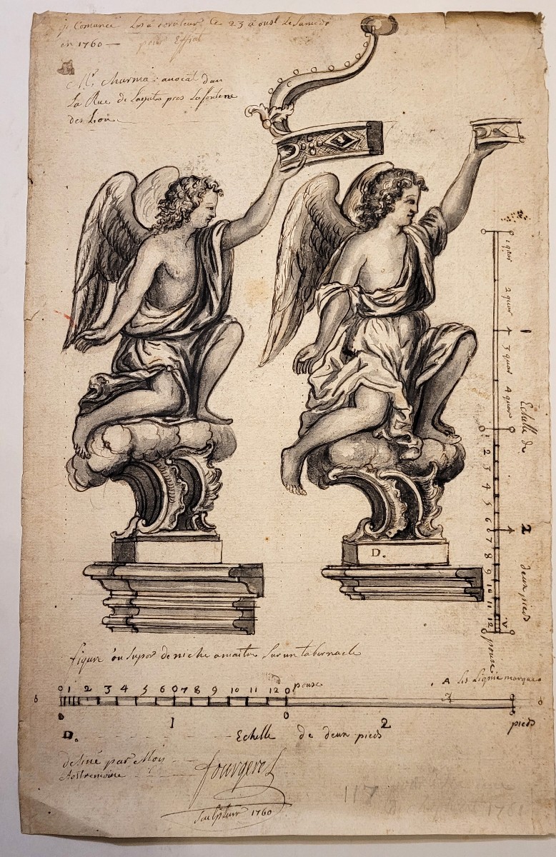 Austremoine Fougerel (18th Century) Drawing For A Sculpture, Angels Bearing A Crown, 1760