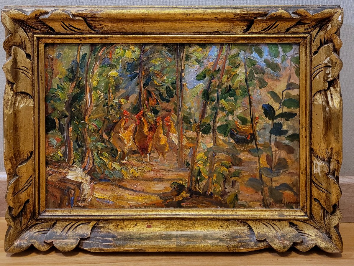 Louise Germain (1874-1939) Chickens In The Garden-photo-2