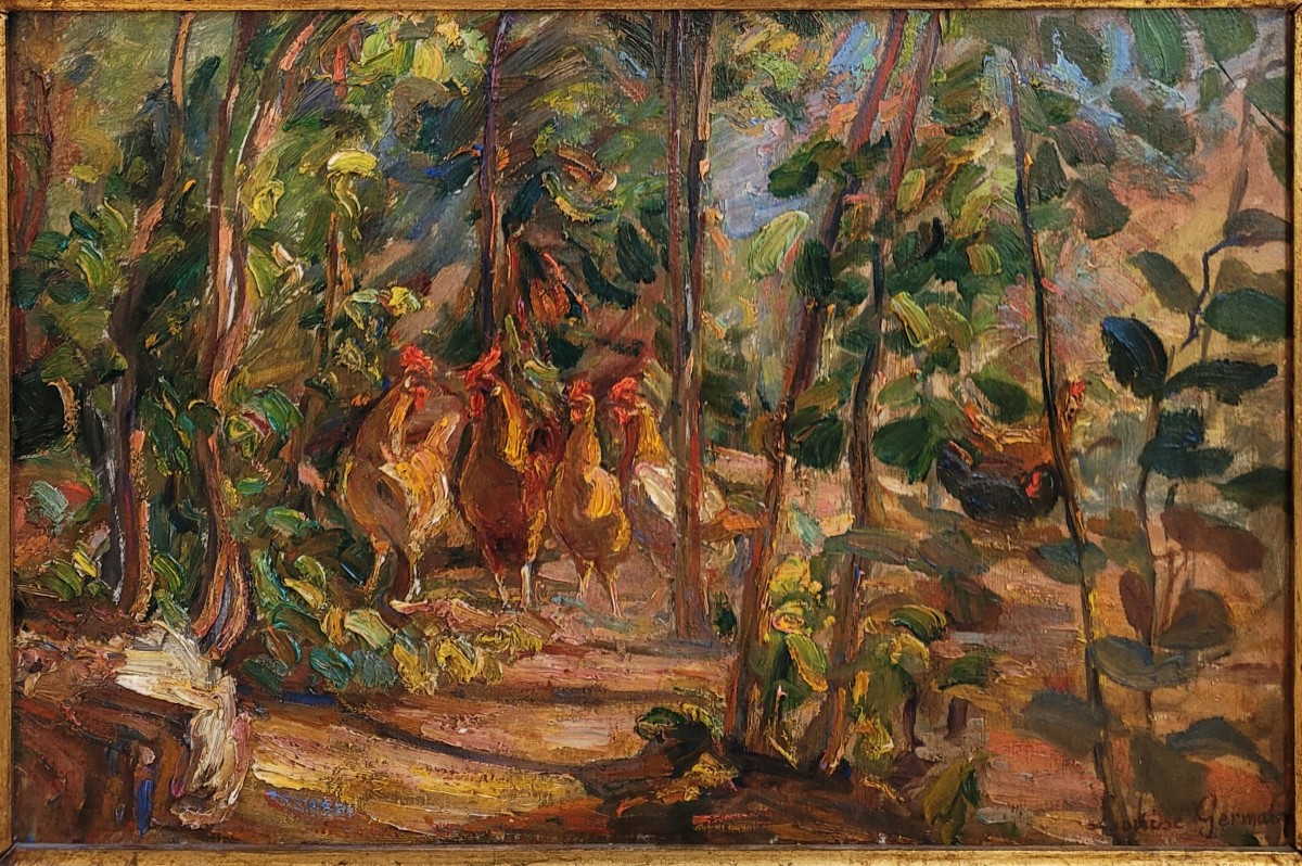 Louise Germain (1874-1939) Chickens In The Garden