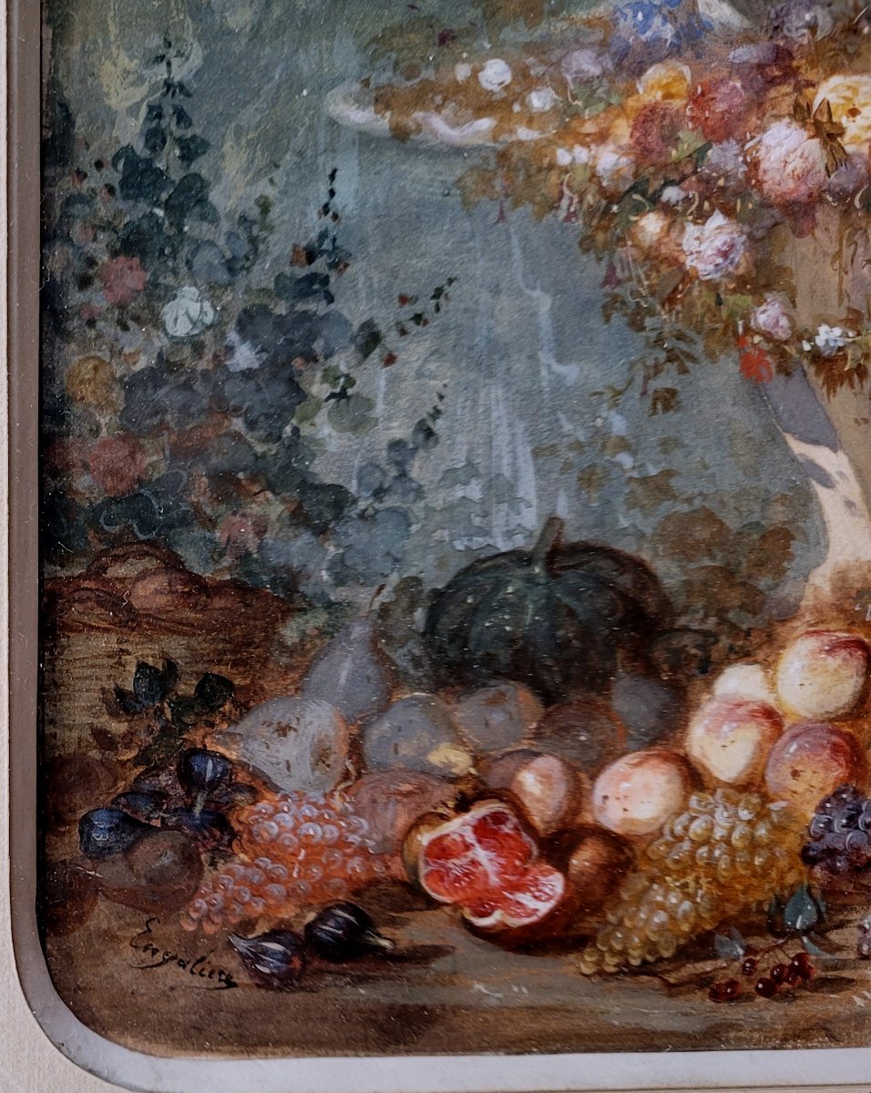 Marius ENGALIÈRE (1824-1857)  Fruits et fleurs dans un parc-photo-3