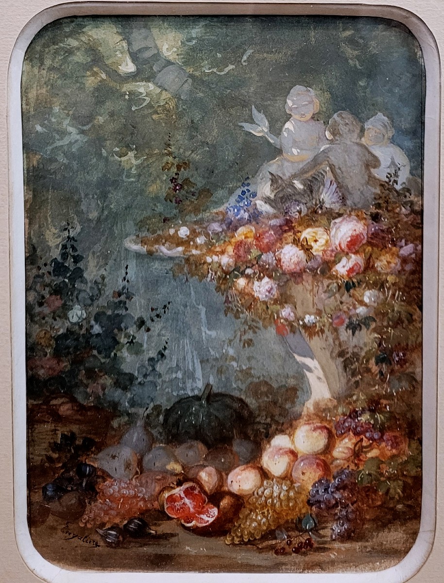 Marius ENGALIÈRE (1824-1857)  Fruits et fleurs dans un parc