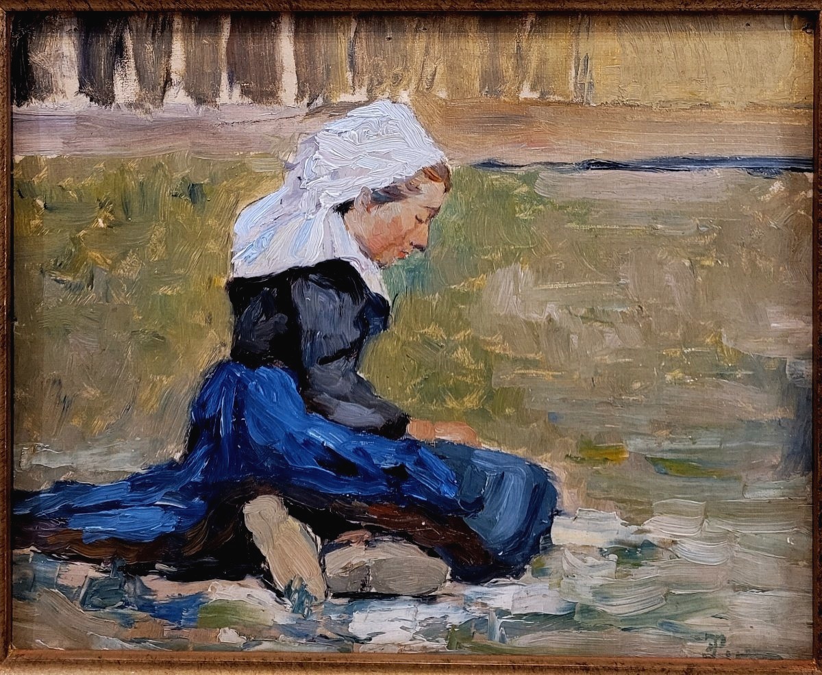 Fernand Piet (1869–1942) Young Breton Girl In A Meadow