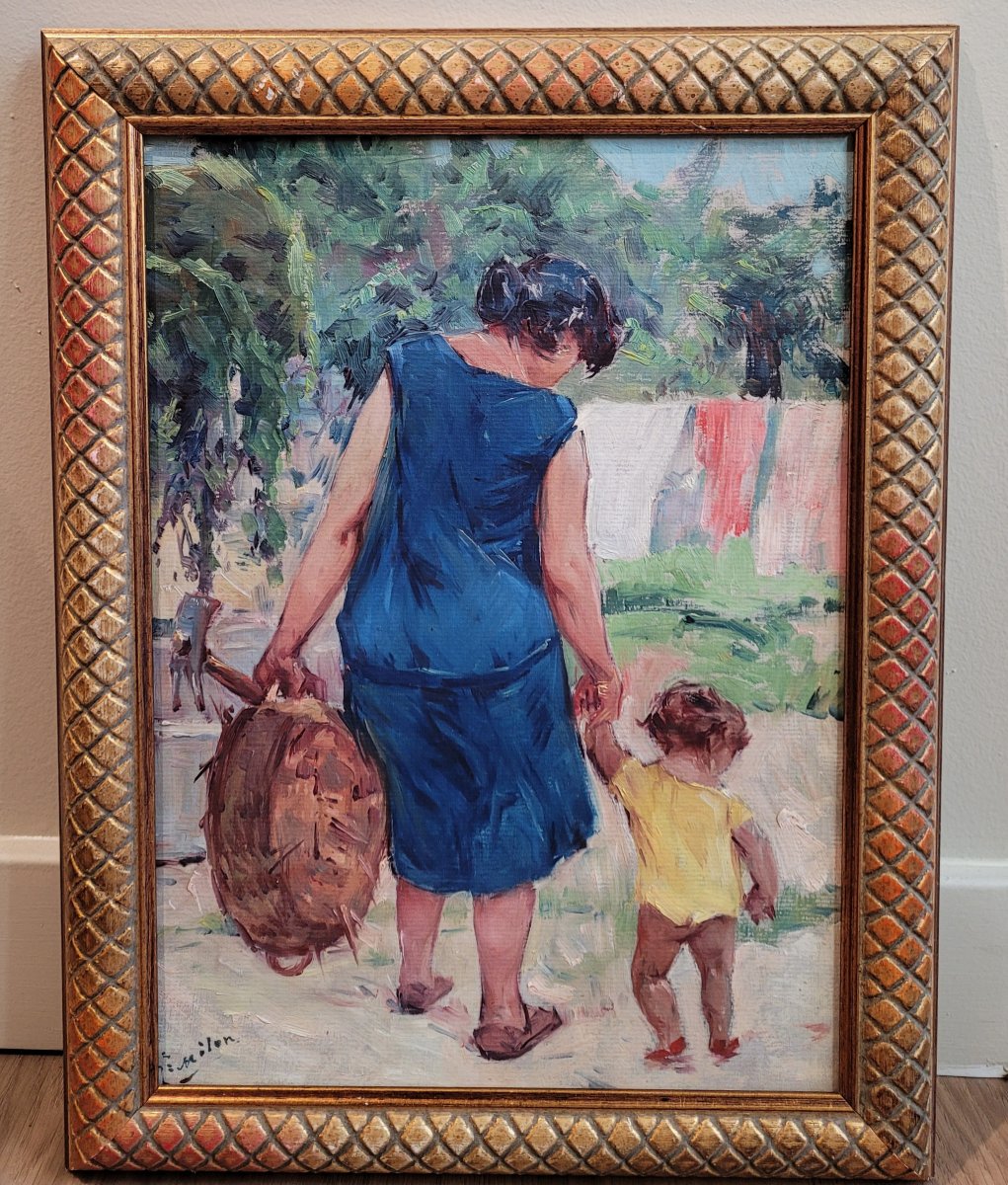 Joseph Milon  (1868–1947)  Woman In A Blue Dress And Her Child-photo-2