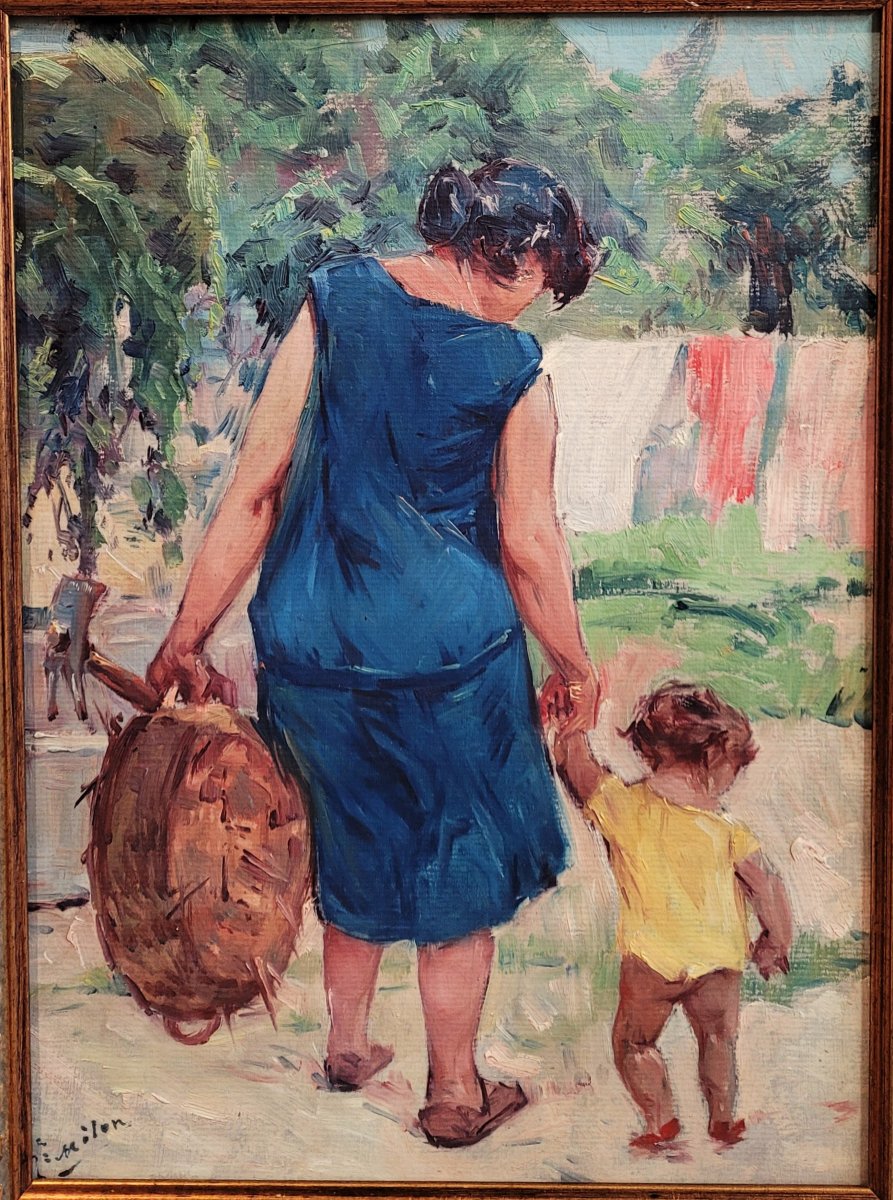Joseph Milon  (1868–1947)  Woman In A Blue Dress And Her Child