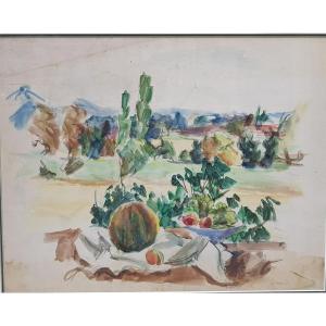 Zawado (1891-1982) Nature morte devant un paysage