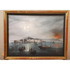 La baie de Naples et le Vésuve en éruption attribué à Gioacchino LA PIRA (act.1839-1870)