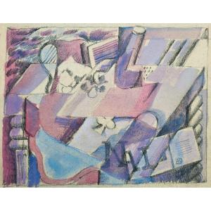 Albert Coste (1895-1985) Composition cubiste au journal et cartes à jouer