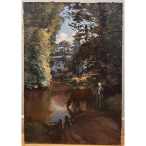 Paul Sa&iuml;n (1853-1908) Paysanne &agrave; la rivi&egrave;re