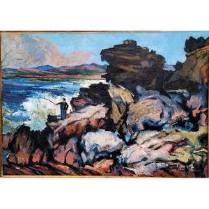Raoul van Maldère (1875-1947) Pêcheur sur les rochers