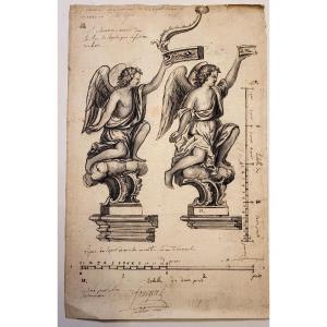 Austremoine Fougerel (XVIIIe) Dessin, Anges portant une couronne, Auvergne 1760