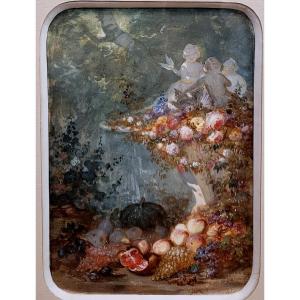 Marius ENGALIÈRE (1824-1857)  Fruits et fleurs dans un parc