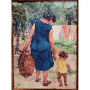 Joseph Milon  (1868–1947)  Woman In A Blue Dress And Her Child