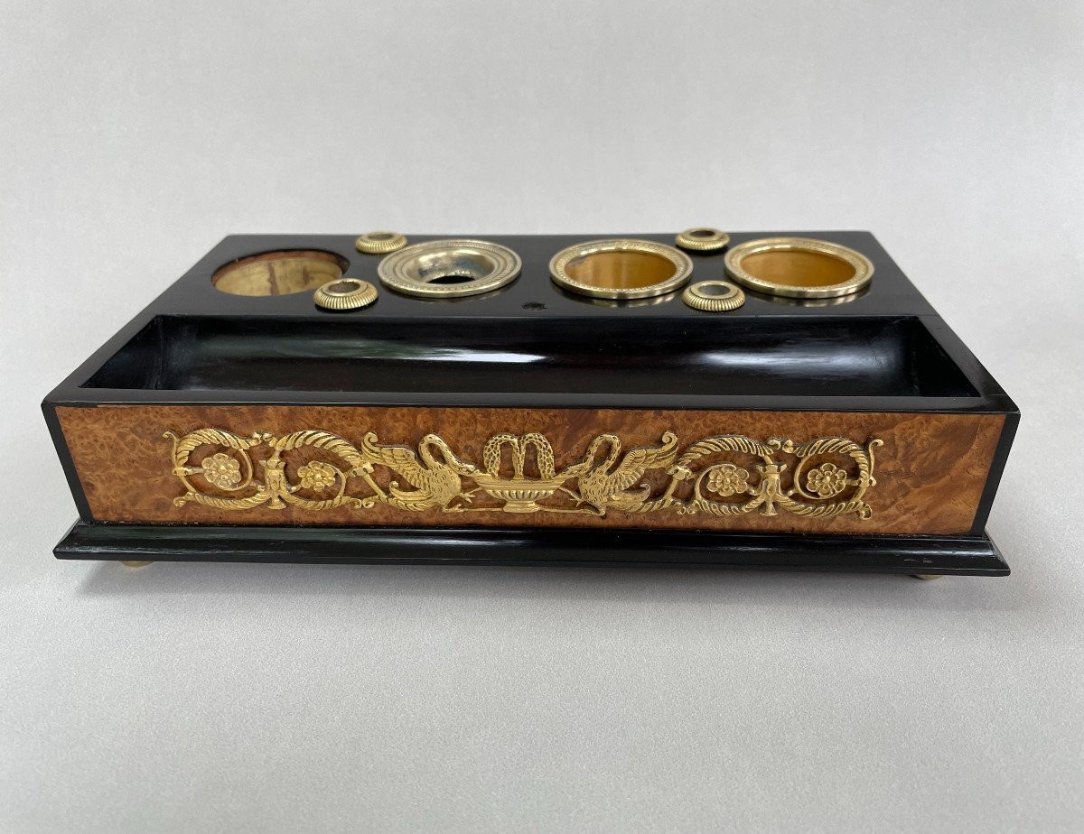 Encrier Porte-plume D’époque Empire En Placage De Loupe Et D’ébène.-photo-2