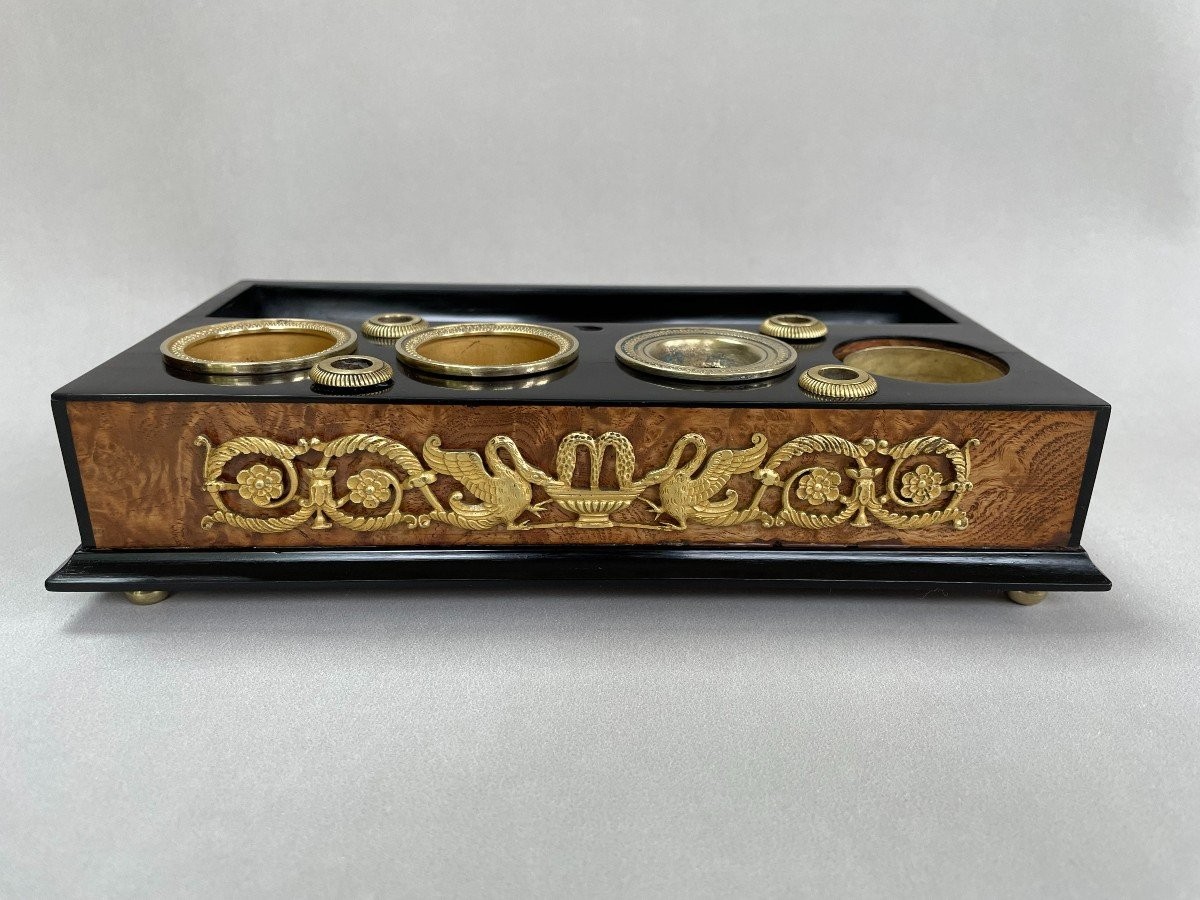 Encrier Porte-plume D’époque Empire En Placage De Loupe Et D’ébène.-photo-1