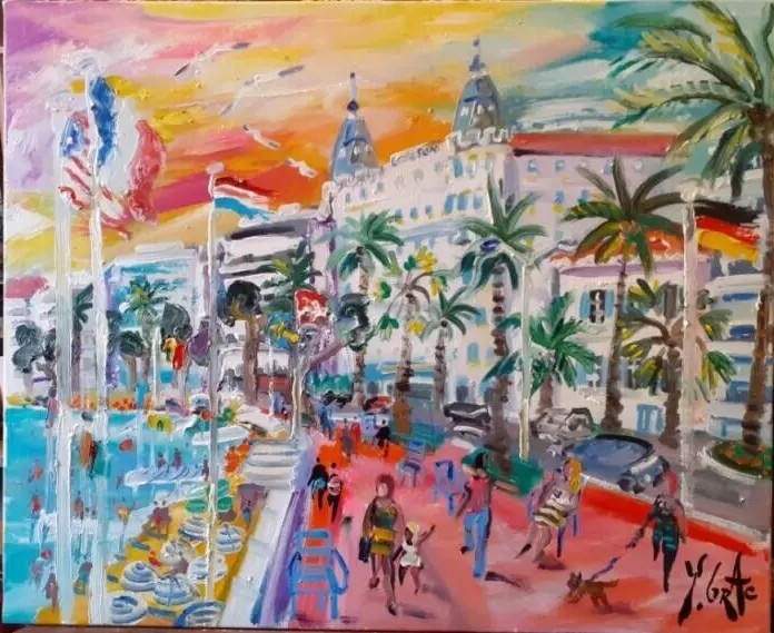 Painting By Yvon Grac, "cannes, The Carlton Palace And The Croisette".