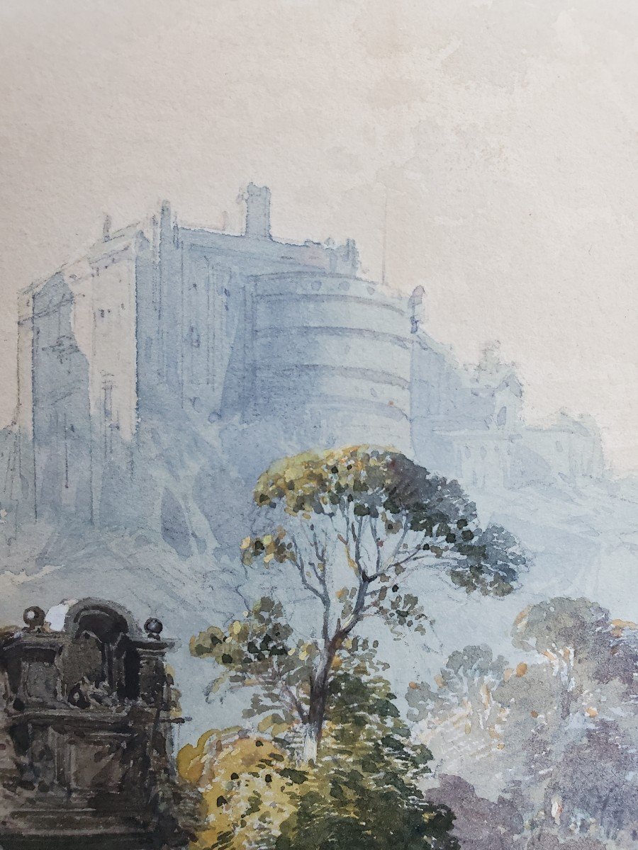 Eugène Ciceri (1813-1890), Watercolors, Landscape With Castle And Busy Street.-photo-3
