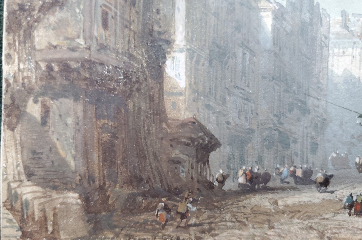 Eugène Ciceri (1813-1890), Watercolors, Landscape With Castle And Busy Street.-photo-3