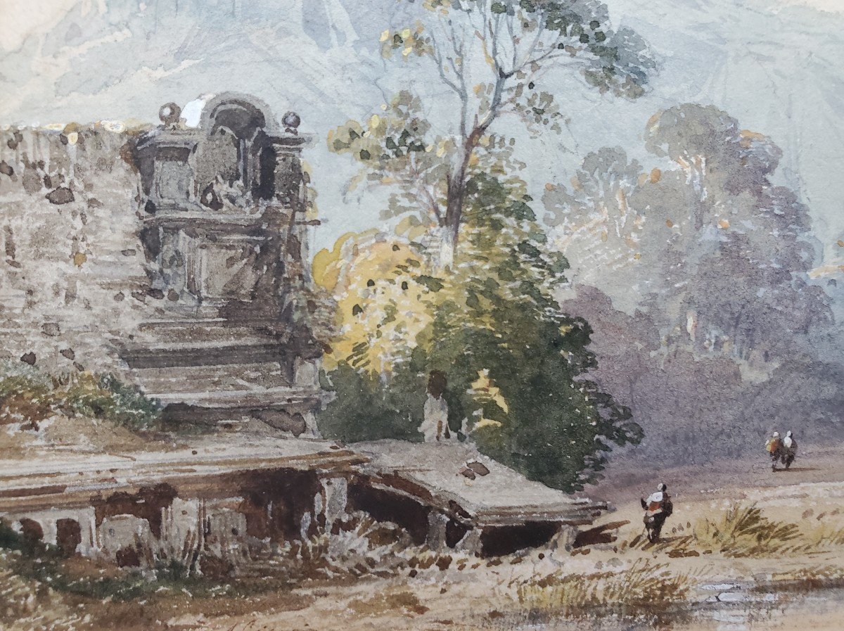 Eugène Ciceri (1813-1890), Watercolors, Landscape With Castle And Busy Street.-photo-4