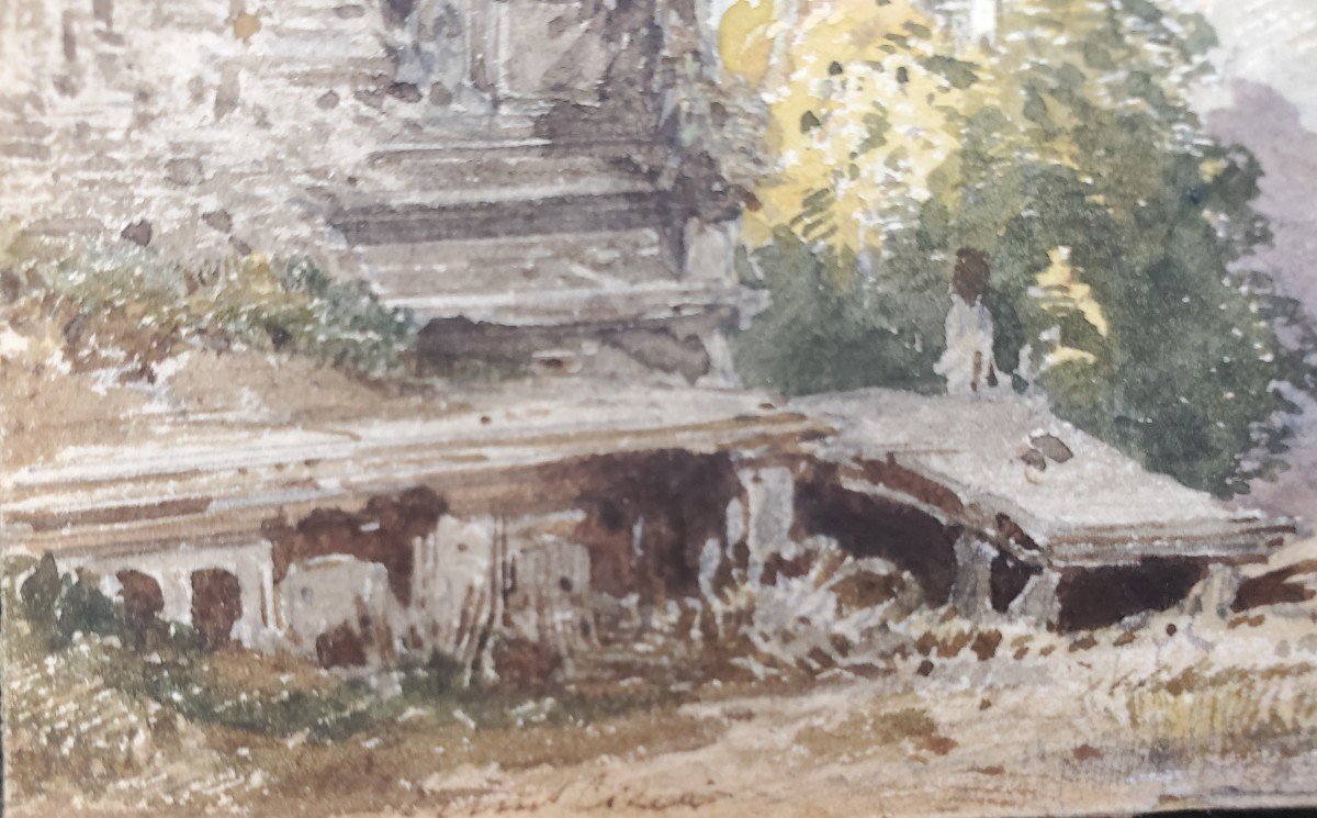 Eugène Ciceri (1813-1890), Watercolors, Landscape With Castle And Busy Street.-photo-5