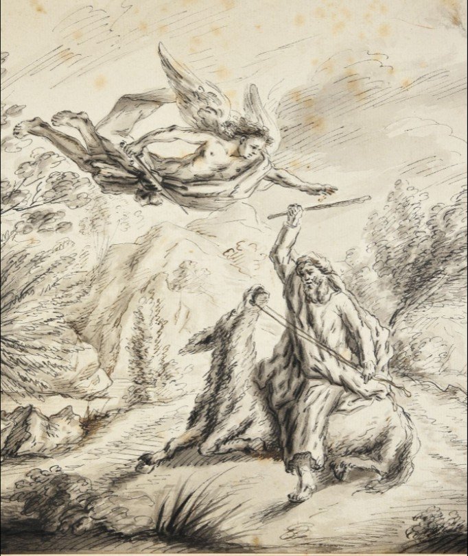 Drawing By Anne-louis Girodet, The Angel Of God And Balaam's Donkey, 1780.-photo-2