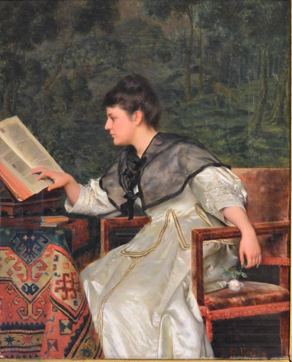 Painting By Tito Conti (1842-1924), Reading.-photo-2