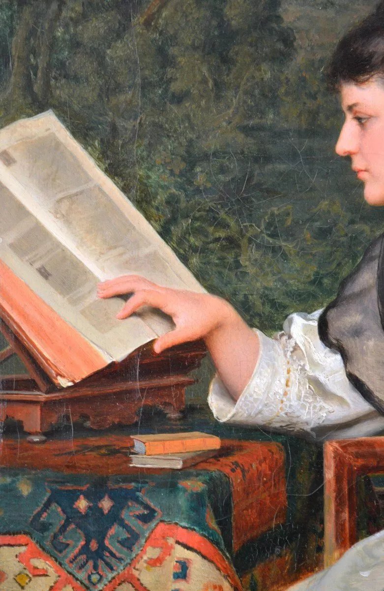Painting By Tito Conti (1842-1924), Reading.-photo-1