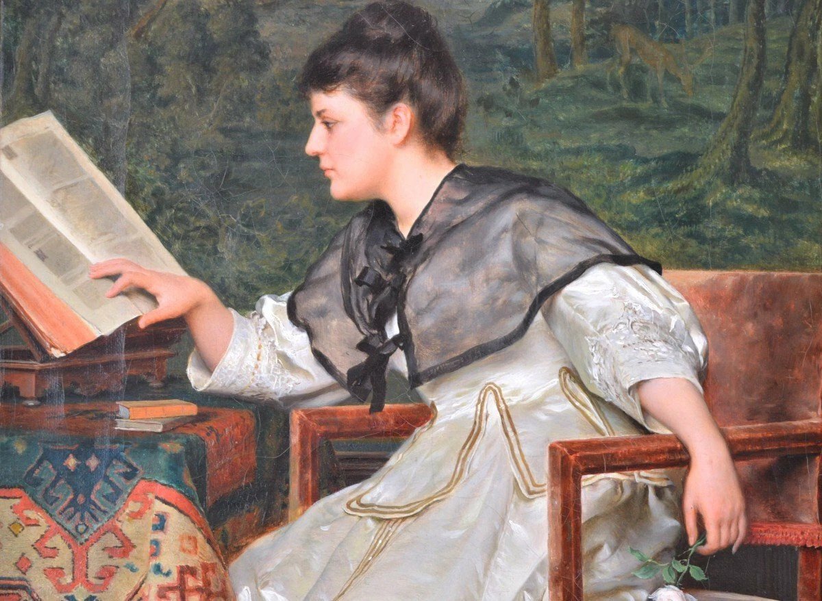 Painting By Tito Conti (1842-1924), Reading.-photo-4