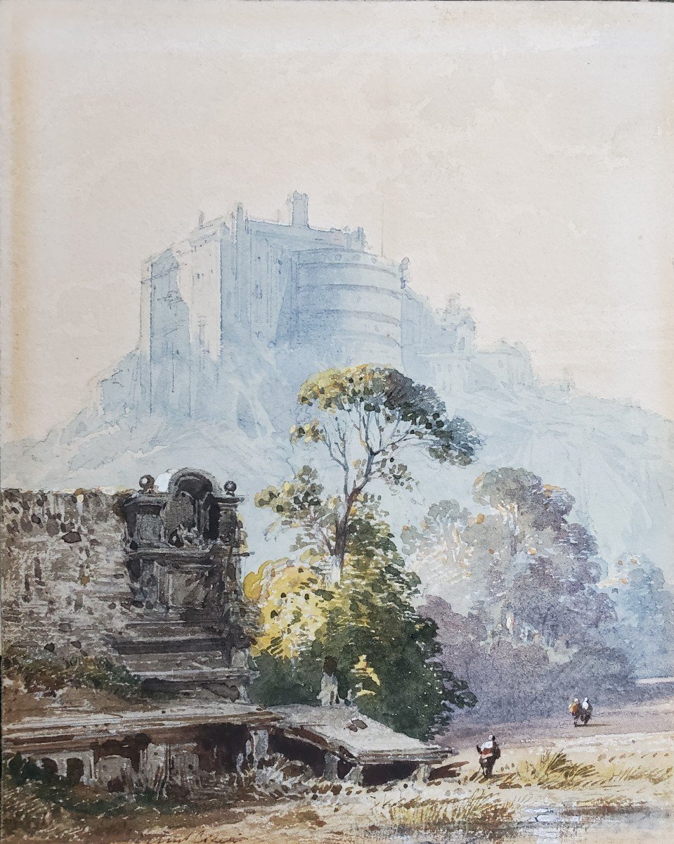 Eugène Ciceri (1813-1890), Watercolors, Landscape With Castle And Busy Street.-photo-2
