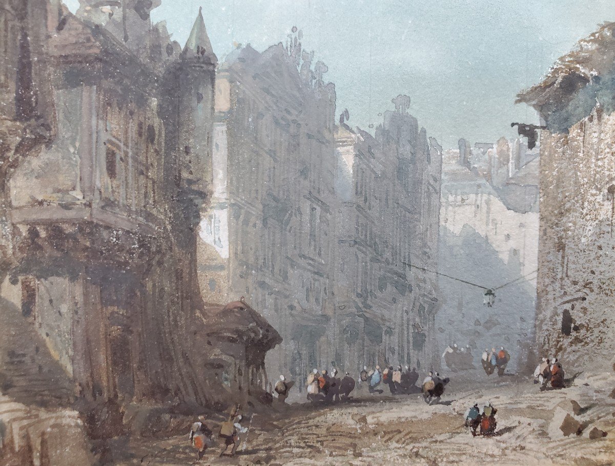 Eugène Ciceri (1813-1890), Watercolors, Landscape With Castle And Busy Street.-photo-1