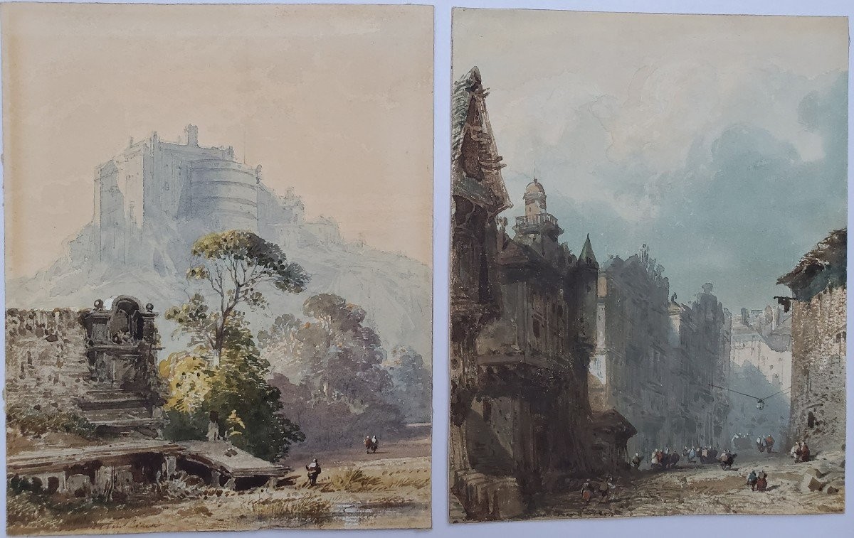Eugène Ciceri (1813-1890), Watercolors, Landscape With Castle And Busy Street.