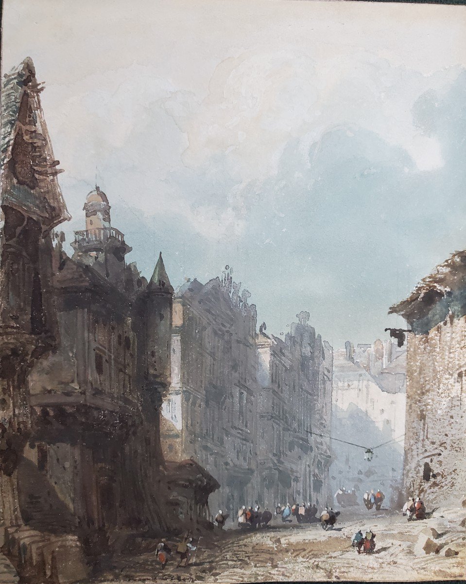 Eugène Ciceri (1813-1890), Watercolors, Landscape At The Castle And Busy Street.-photo-4