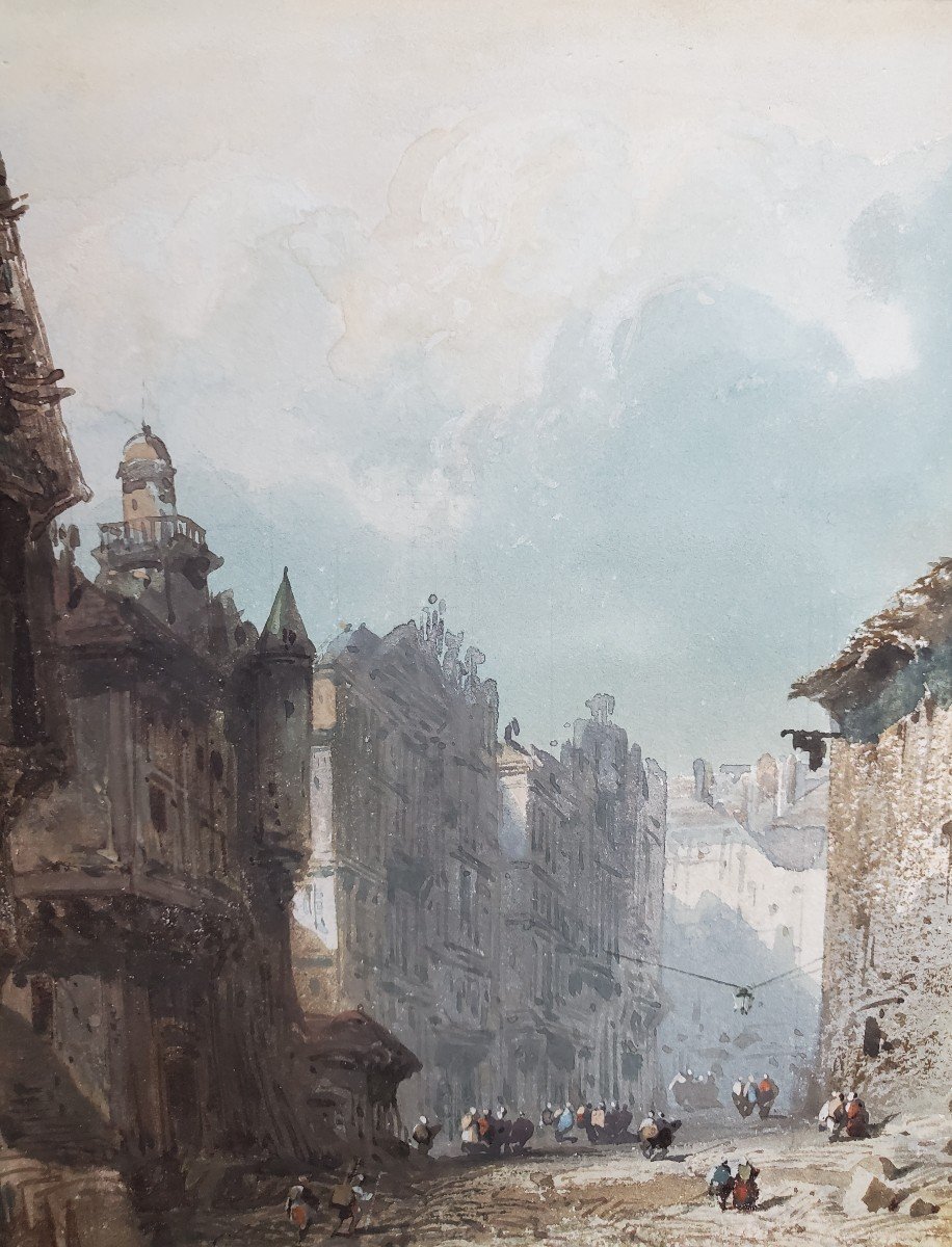 Eugène Ciceri (1813-1890), Watercolors, Landscape At The Castle And Busy Street.-photo-2