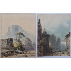 Eugène Ciceri (1813-1890), Aquarelles, Paysage Au Château Et Rue Animée.