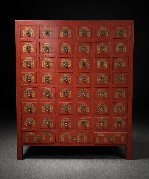 China - Red Lacquer Apothecary Cabinet With 45 Drawers - 19th Century.