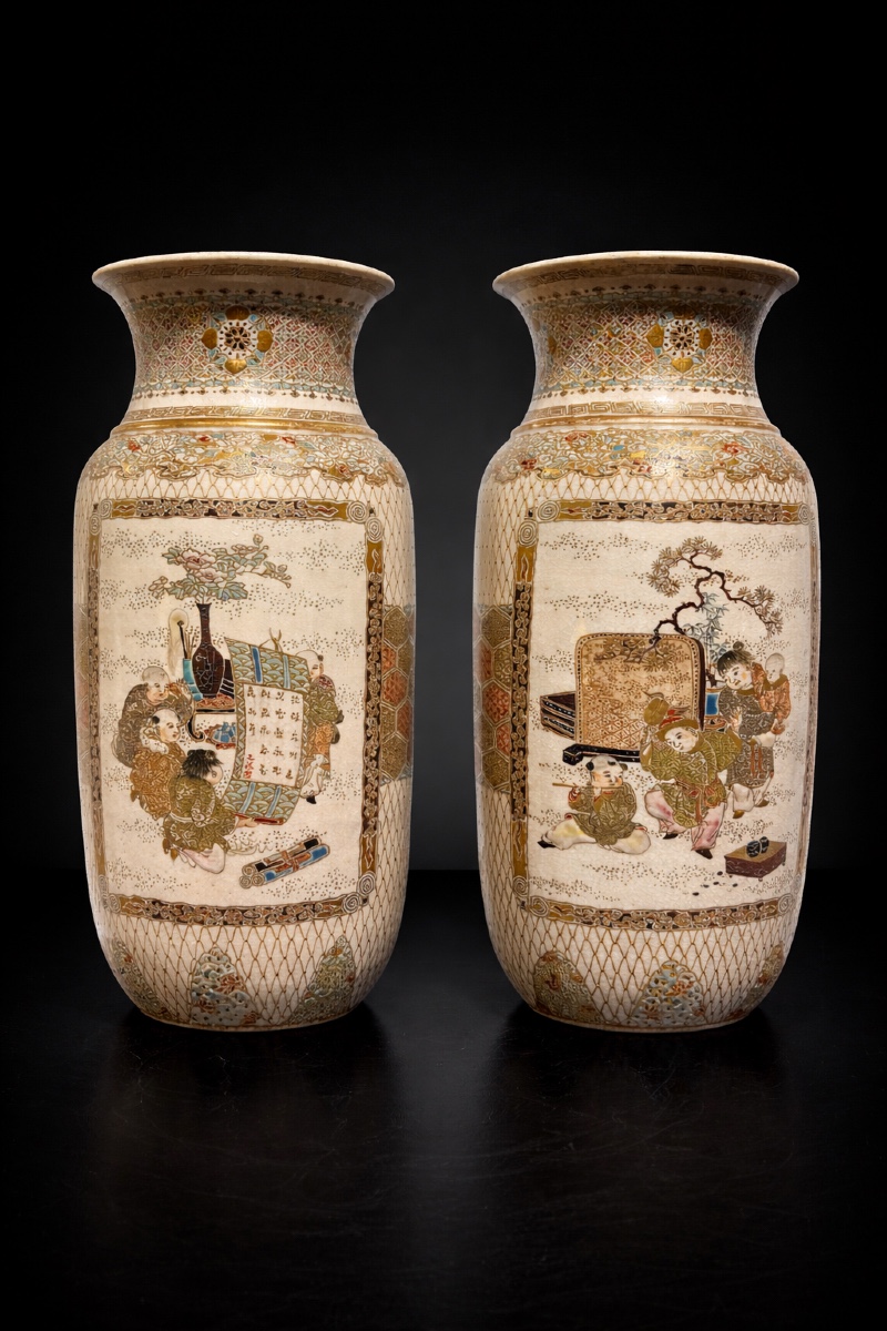 Japan - Pair Of Satsuma Faience Vases - Meiji - Late 19th Century.
