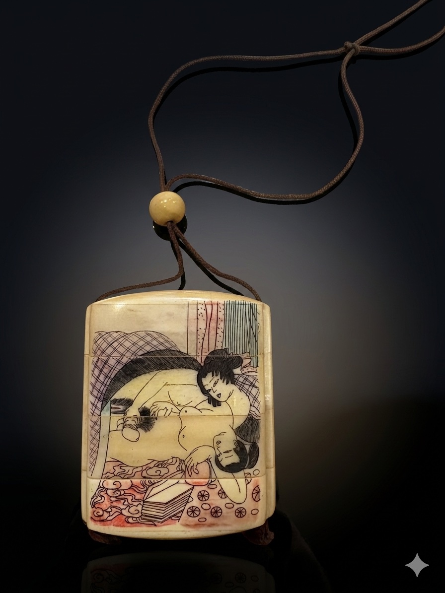 Japan - Engraved Bone Inrō - Shunga Decoration - Meiji-photo-2