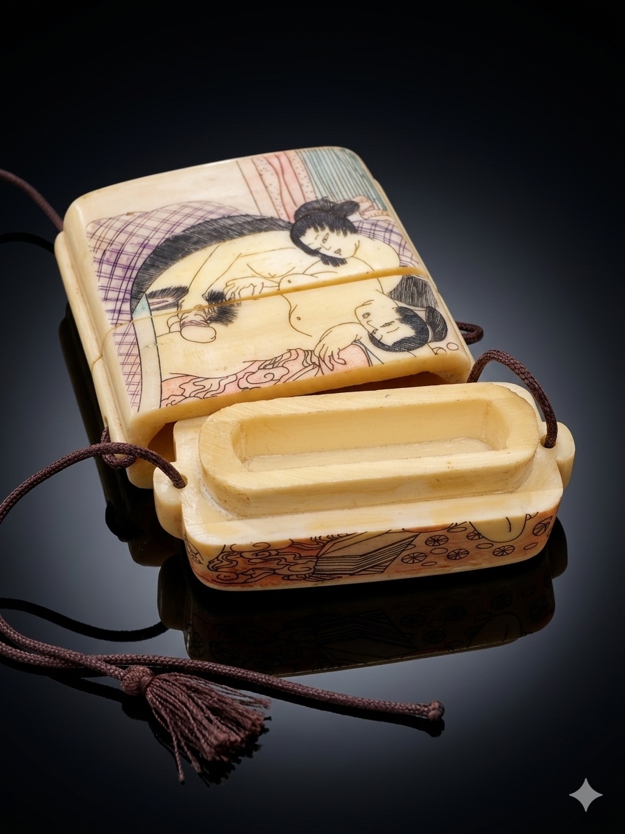 Japan - Engraved Bone Inrō - Shunga Decoration - Meiji-photo-3