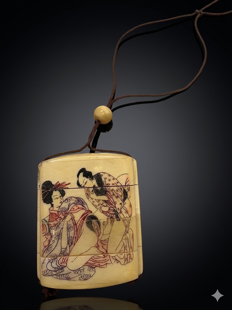 Japan - Engraved Bone Inrō - Shunga Decoration - Meiji