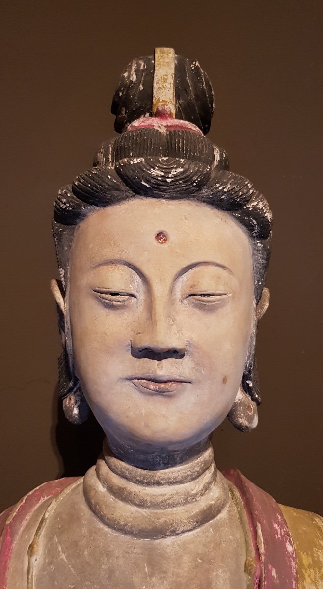 Chine - Grande Statue Polychrome De Guanyin - Dynastie Qing - 19ème.-photo-2