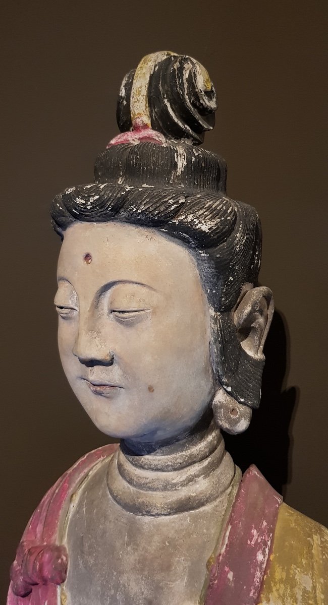 Chine - Grande Statue Polychrome De Guanyin - Dynastie Qing - 19ème.-photo-3