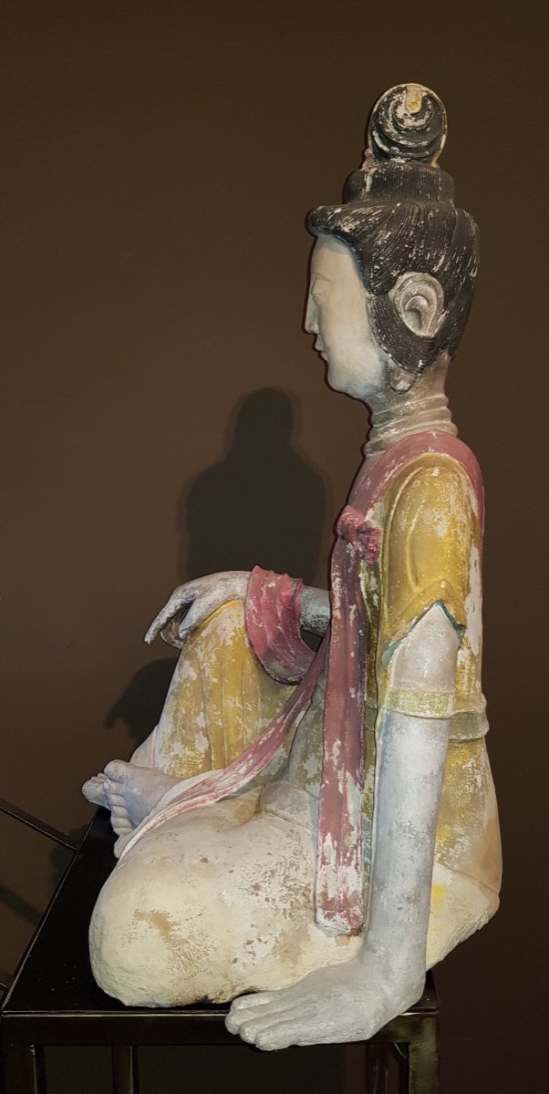 Chine - Grande Statue Polychrome De Guanyin - Dynastie Qing - 19ème.-photo-3