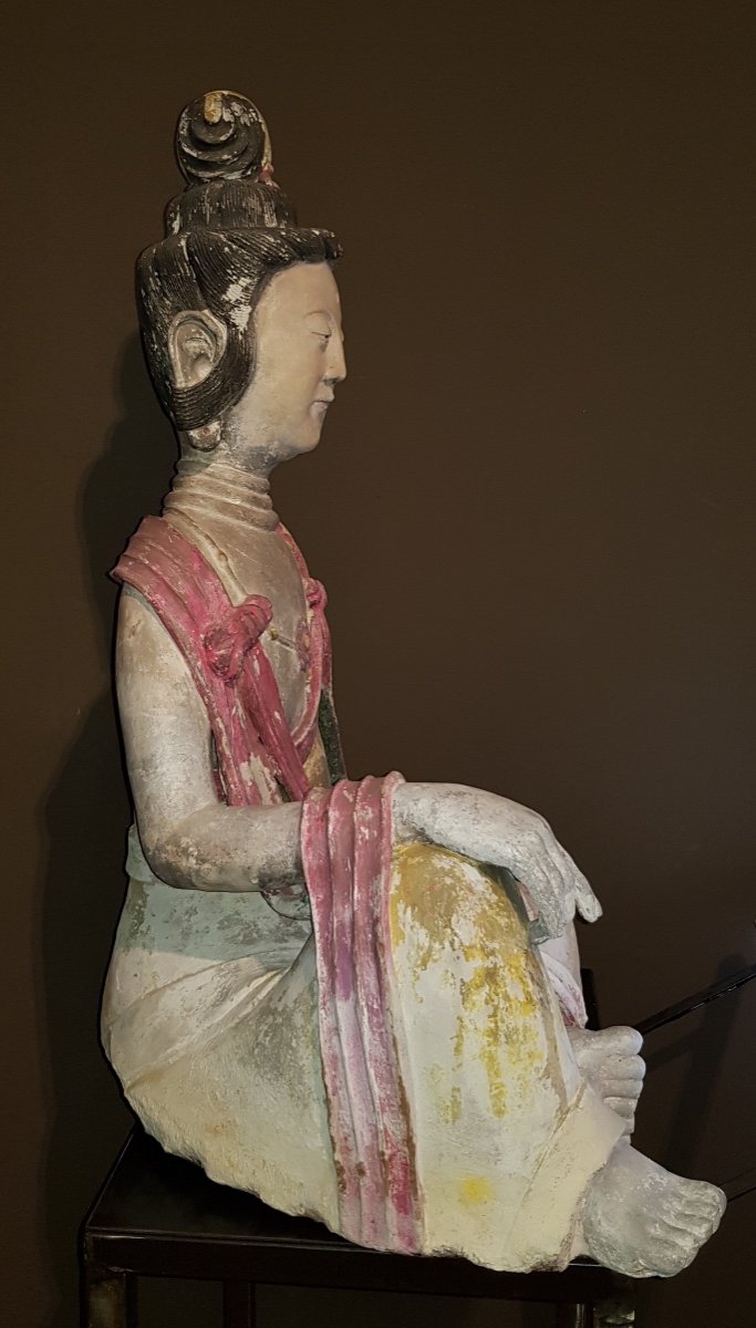 Chine - Grande Statue Polychrome De Guanyin - Dynastie Qing - 19ème.-photo-4