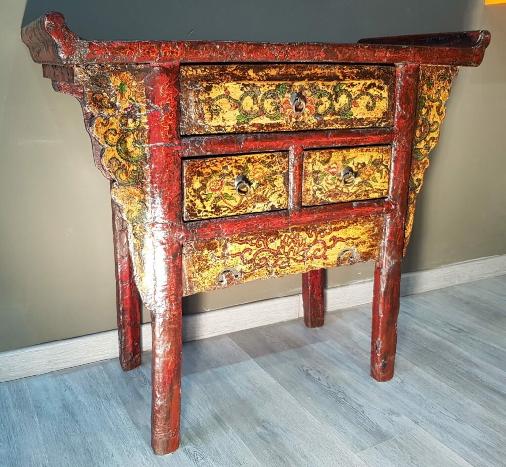 Small Altar Cabinet In Nanmu Wood (iron Wood) Polychrome Painted And Lacquered.