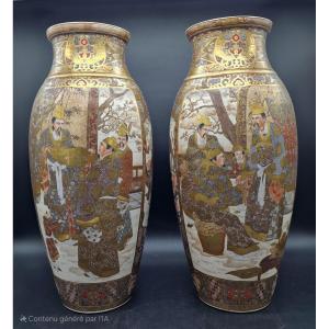 Japan - Pair Of Large Satsuma Earthenware Vases - Meiji - 19th Century.