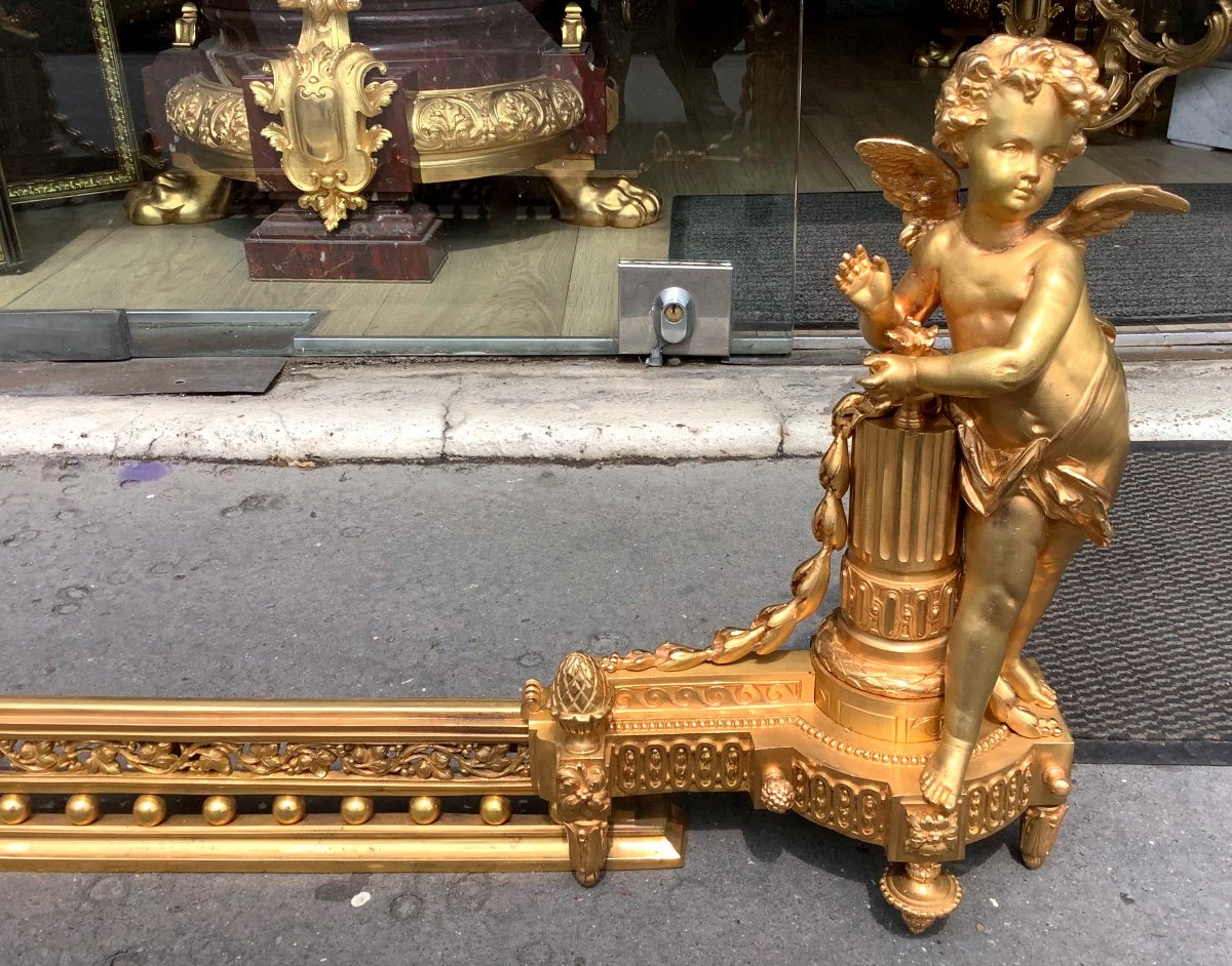 Pair Of Andirons In Gilt Bronze And Its Central Bar 19 Eme Century-photo-3